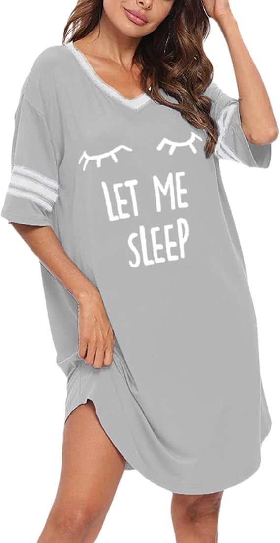 KAMONG Sleep Shirts for Women Short Sleeve Cotton Novelty Night Shirts V Neck Oversized Nightgown... | Amazon (US)