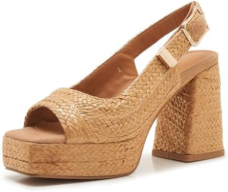 Women’s Raffia Platform Sandals, Open Toe Chunky Block Heel Slingback Heels with Adjustable Buc... | Amazon (US)