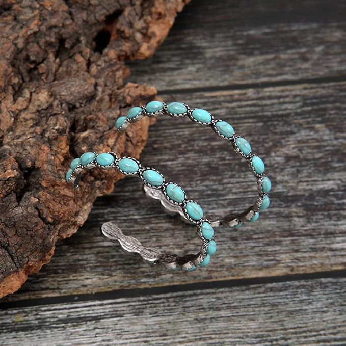 Turquoise Bohemian Metal Hoop Fashion Earring, Silver-Tone Faux Turquoise Hoop Earrings | Amazon (US)