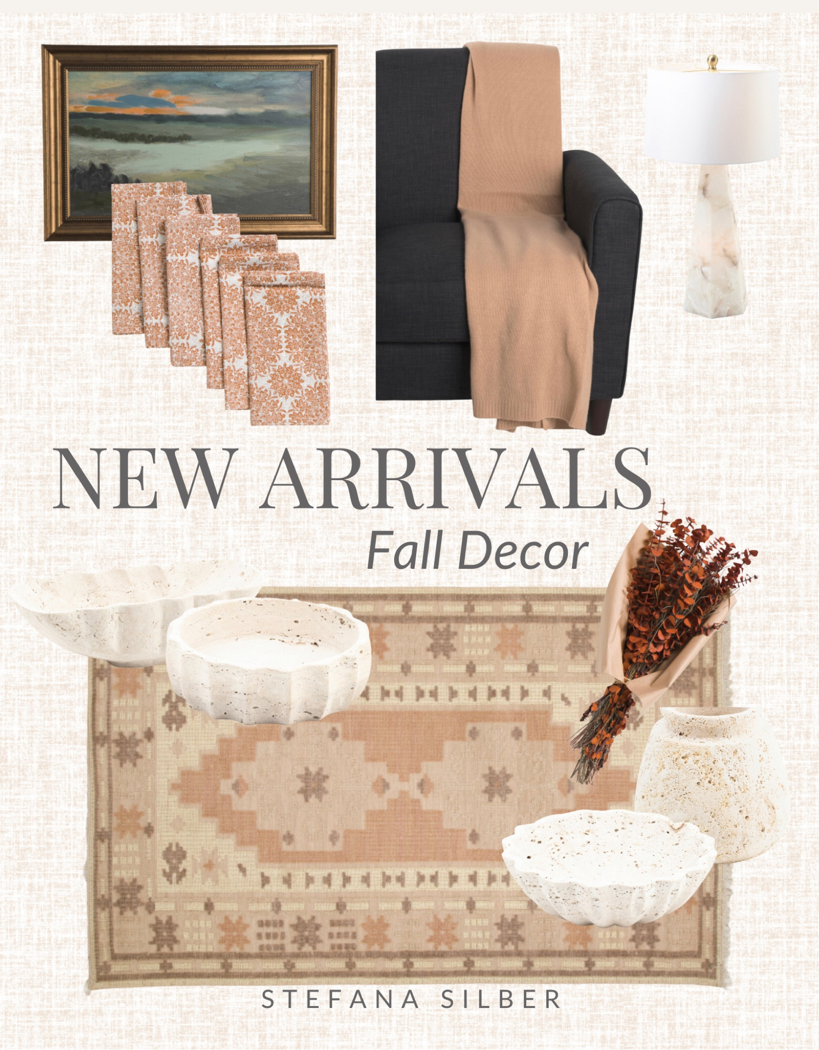 Travertine bowl, travertine vase, vintage rug, eucalyptus bouquet, al his food alabaster table lamp, cashmere knit throw, framed art, knit napkin, 

#LTKstyletip #LTKFind #LTKhome