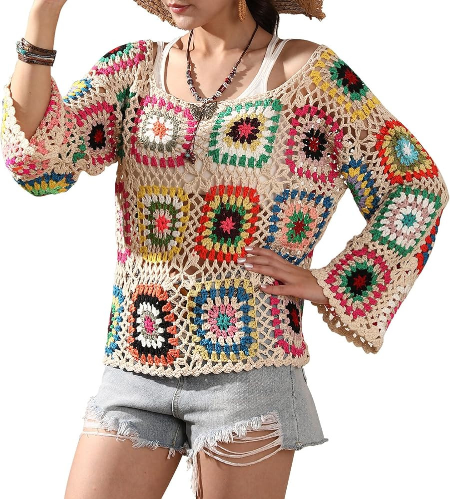 Crochet African Flower Granny Square Pullover Colorful Block Sweater Knitted Cover Up Hollow Out ... | Amazon (US)