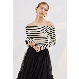 Folded Off-Shoulder Striped Knit Top in Black | Chicwish