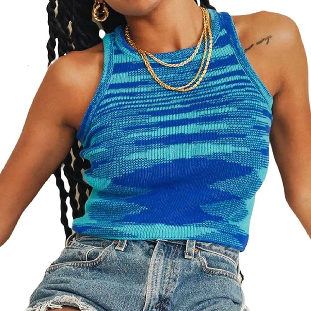 Women Basic Ribbed Knit Tie Dye Tank Top Crew Neck Sleeveless Crop Top Y2K Summer Camisole Vest T... | Amazon (US)