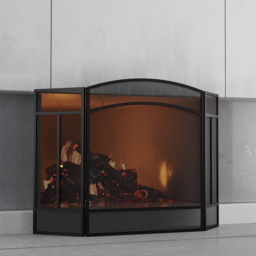 Fire Beauty Fireplace Screen 3 Panel Wrought Iron 48"(L) x 29"(H) Spark Guard Cover(Black) | Amazon (US)
