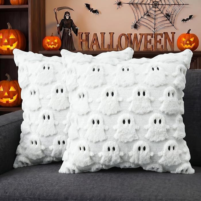 AVOIN colorlife Halloween Ghost White Throw Pillow Cover Set of 2, 18 x 18 Inch Soft Plush Faux Fur Jacquard Spooky Cushion Case Decoration for Sofa Couch | Amazon (US)