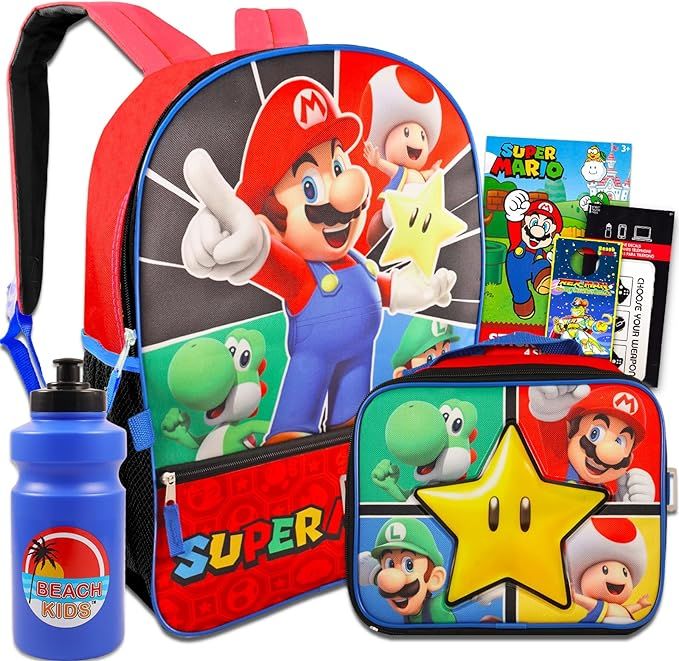 Super Mario Backpack and Lunch Box Set for Kids - Bundle with Mario Backpack, Mario Lunch Bag, St... | Amazon (US)