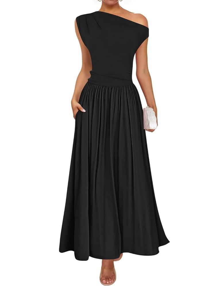 ZESICA Women's Summer 2025 Sleeveless Maxi Dress One Shoulder Casual Slim Swing Pleated Formal Dr... | Amazon (US)