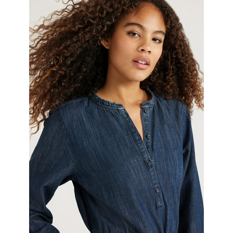 Free Assembly Women’s Denim Ruffle Neck Mini Dress | Walmart (US)