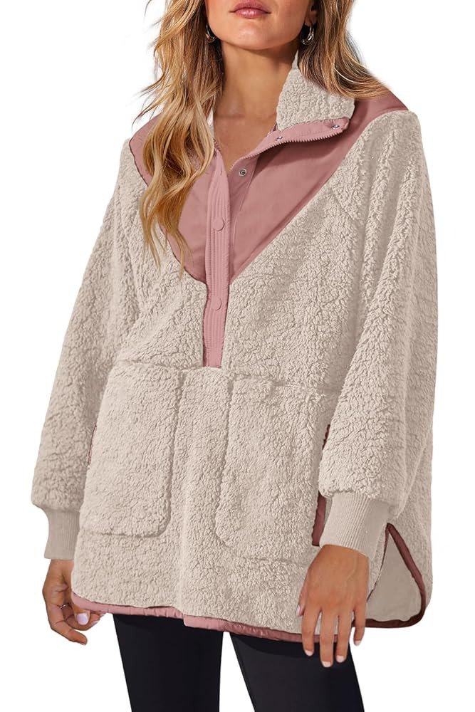 Panadila Womens Half Snap Fleece Pullover Oversized Fuzzy Sweatshirt with Pockets Trendy Warm She... | Amazon (US)