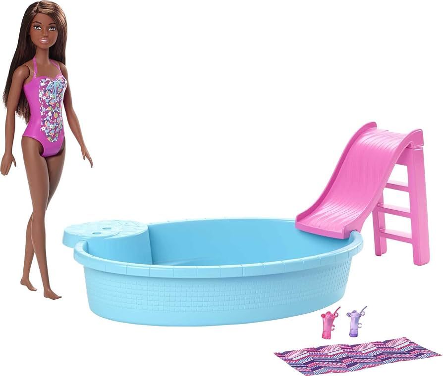 Barbie Doll and Pool Playset with Pink Slide, Beverage Accessories and Towel, Brunette Doll in Flora | Amazon (US)