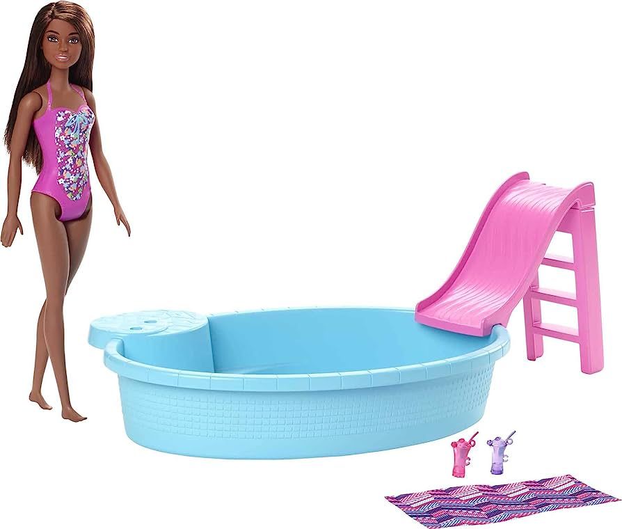 Barbie Doll and Pool Playset with Pink Slide, Beverage Accessories and Towel, Brunette Doll in Flora | Amazon (US)