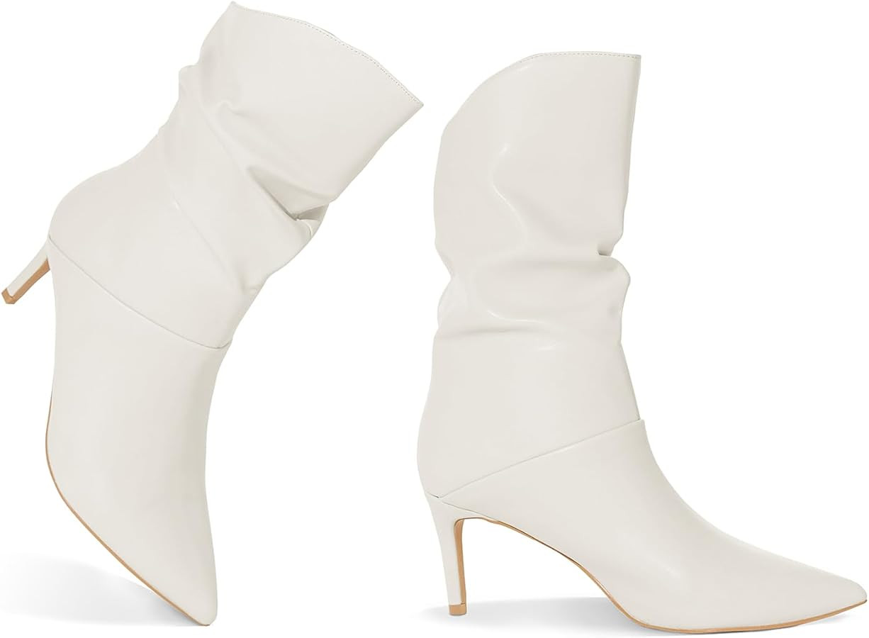 Coutgo Womens Slouchy Mid Calf Boots Stiletto High Heel Leather Booties Pointed Toe Pull on Fall ... | Amazon (US)