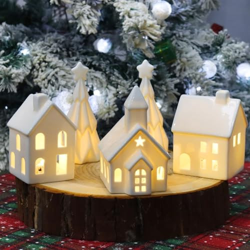Qudubuy Christmas Village Sets - 5 Pcs White Ceramic Christmas Village Houses with Trees, Light Up Town Figurines for Creative Holiday Painting and Indoor Winter Tabletop Decoration | Amazon (US)