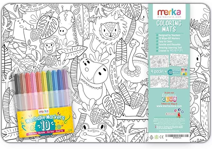 merka Coloring Placemats for Kids - Places Set - Bundle of 4 Mats with 10 Markers - Improve Motor... | Amazon (US)