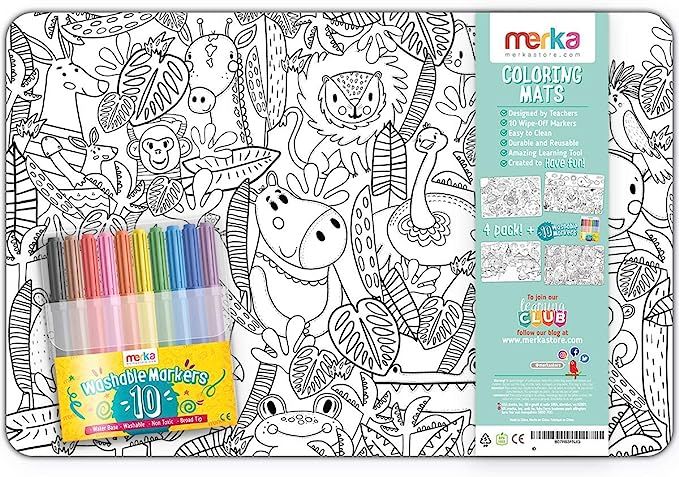 merka Coloring Placemats for Kids - Places Set - Bundle of 4 Mats with 10 Markers - Improve Motor... | Amazon (US)