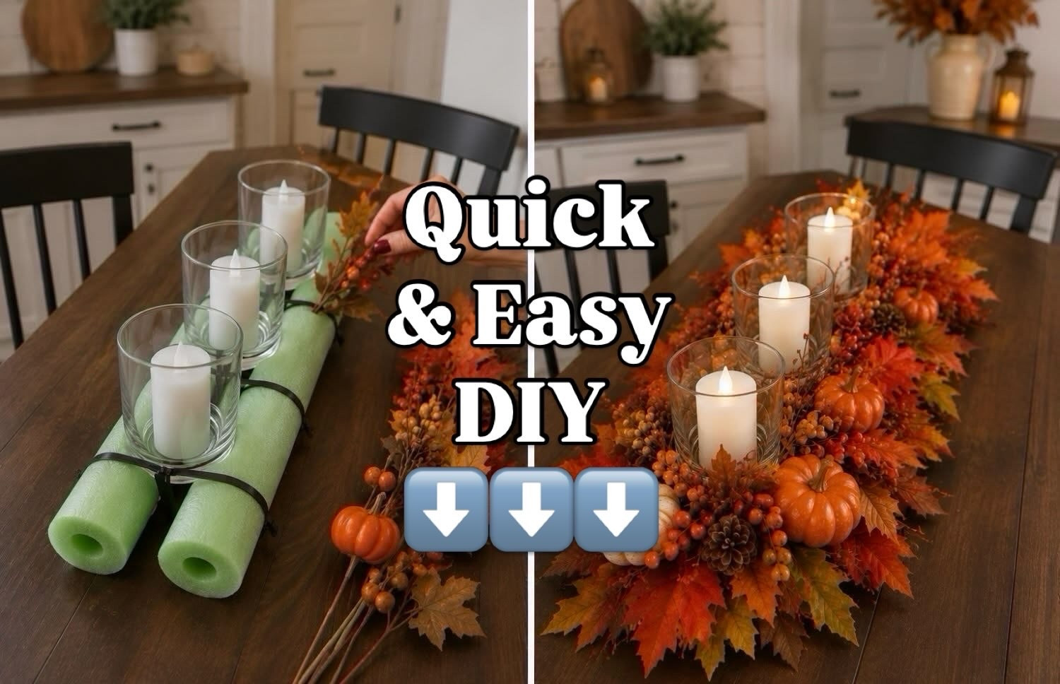 Quick & Easy DIY you can try! 🙌 
Step 1: COMMENT “SHOP” to Grab a pretty fall leaves garland 
Step 2: Zip-tie a couple of pool noodles together and add battery-operated candles
Step 3: Fill in with fall picks and pumpkins

Let me know what you think of this one below and be sure to share this with a friend! 💕

✅ FOLLOW FOR MORE DIY IDEAS! 

#dollartreediy #falldecorating #centerpiece