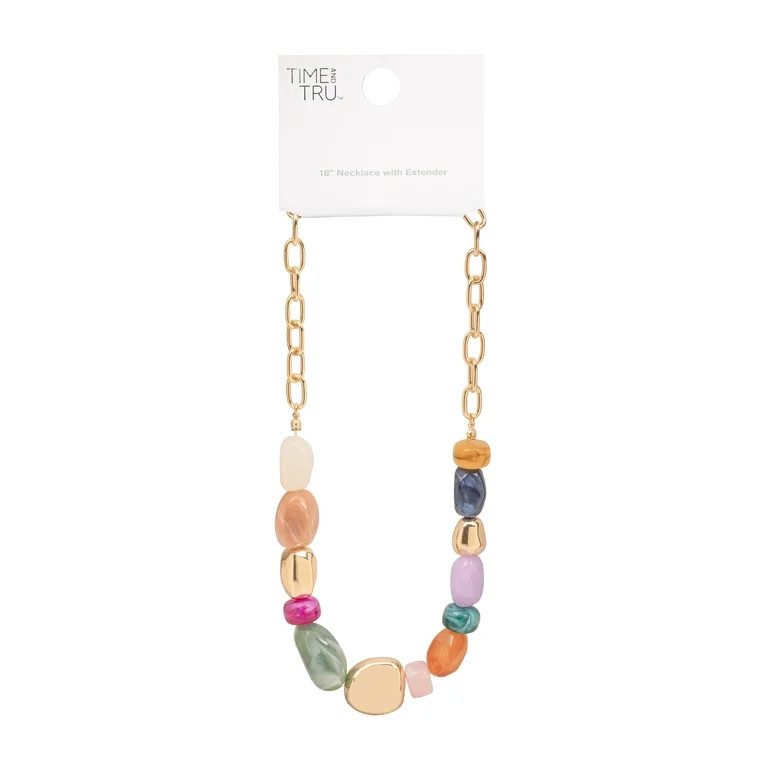 Time and Tru Women's Gold Tone Statement Necklace with Colorful Beads and Chain Detail | Walmart (US)