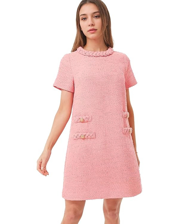 Women's Tweed Dress Short Sleeve Crew Neck A-line Party Vintage Mini Skirt Causal Dresses | Amazon (US)