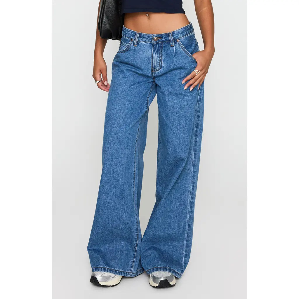 Princess Polly Supercut Pleated Wide Leg Jeans in Mid Blue at Nordstrom, Size 0 | Nordstrom