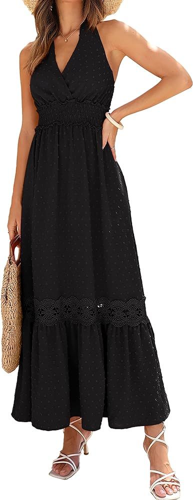 MASCOMODA Summer Halter Maxi Dress for Women 2024 Sleeveless Casual Beach Boho Swiss Dot Smocked ... | Amazon (US)