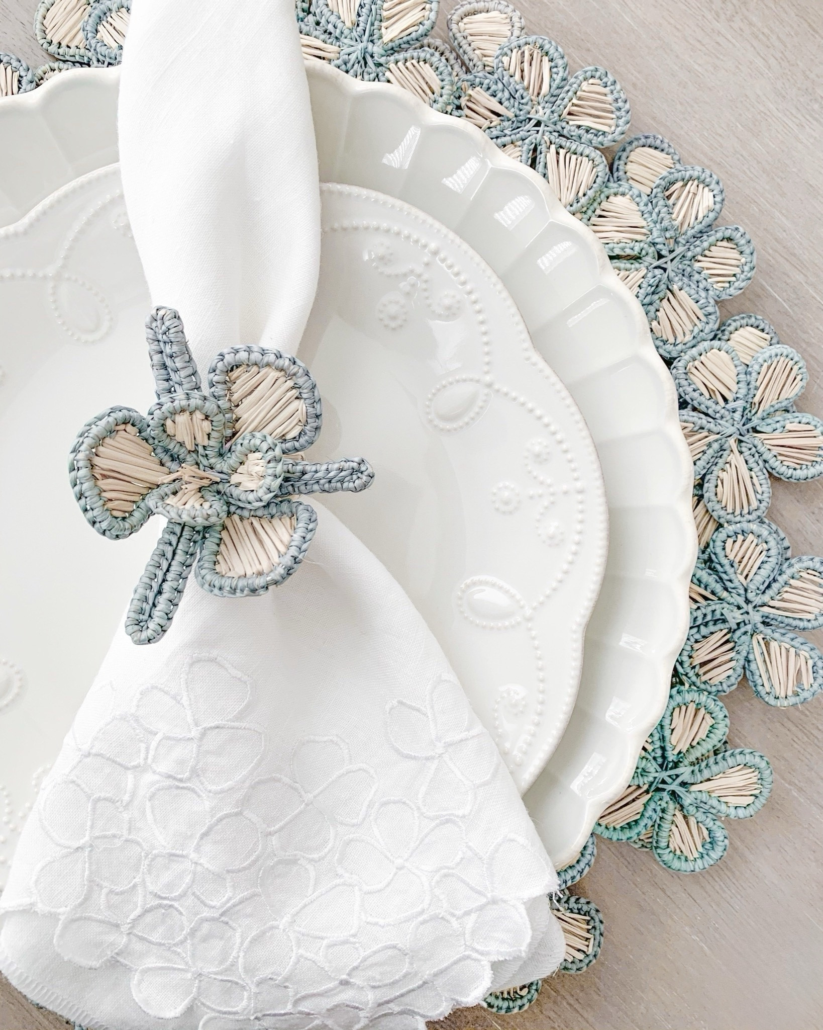 My sweet floral placesetting 🩵 scalloped dishes, floral, placemat, floral napkin, ring, and lace floral napkins} I’ve had all of these pieces for years and love them! 

Placemats and napkin rings come in every color 💗

#LTKhome