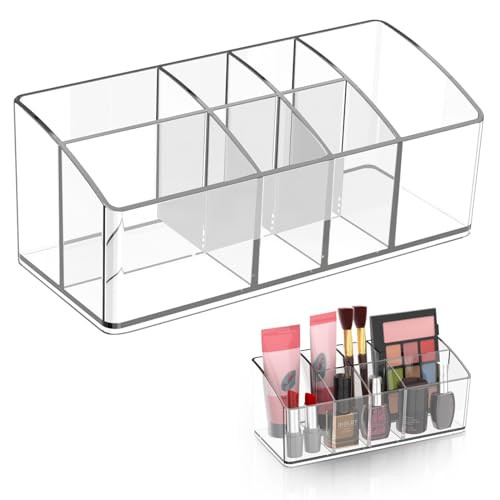 Makeup Organizer,Small Clear Makeup Brush Holder Organizer with 7 Slots for Vanity, Nail Polish, Lipstick, Bathroom Cosmetics Desktop | Amazon (US)