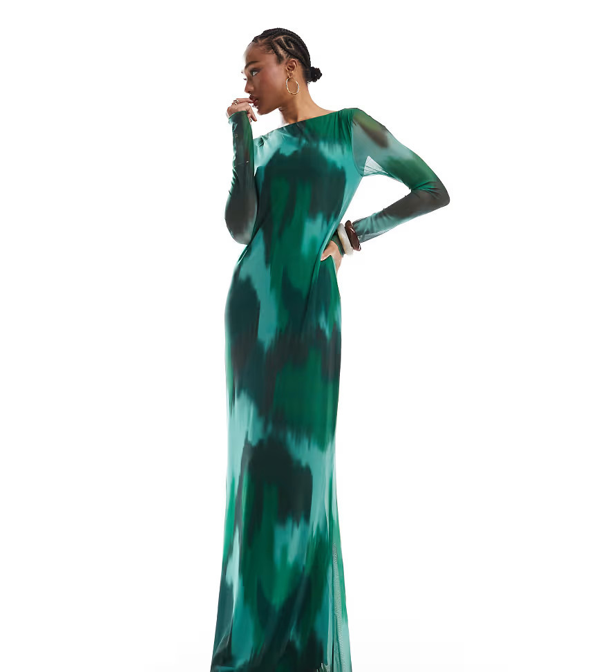Vero Moda Tall long sleeved mesh maxi dress in dark green abstract-Multi | ASOS (Global)