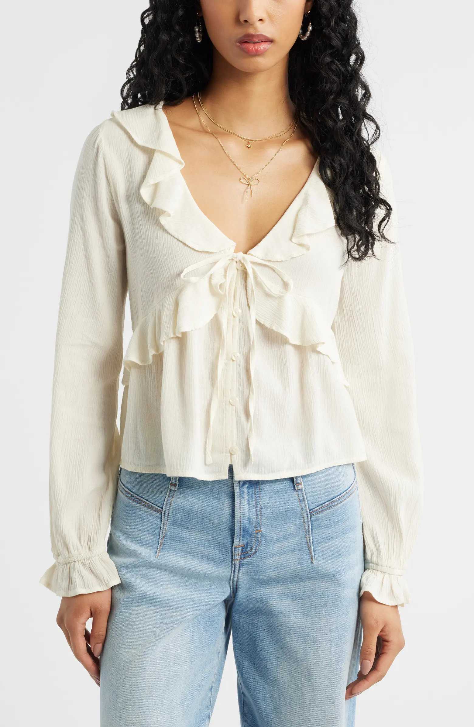 BP. Ruffle Tie Neck Button-Up Shirt | Nordstrom | Nordstrom