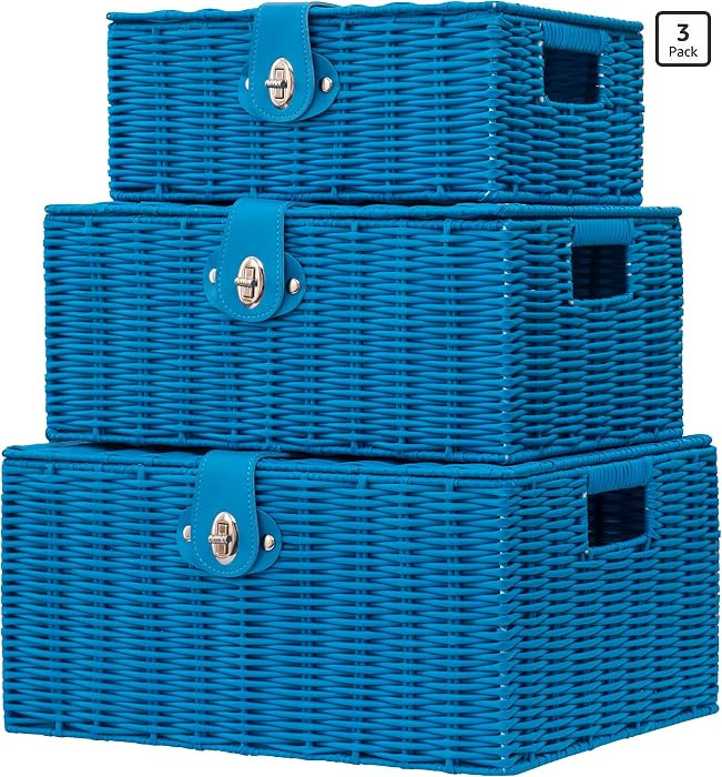 Set of 3 Woven Wicker Storage Basket Box with Lids & Lock, Built-in Carry Handles, Multifunctiona... | Amazon (US)