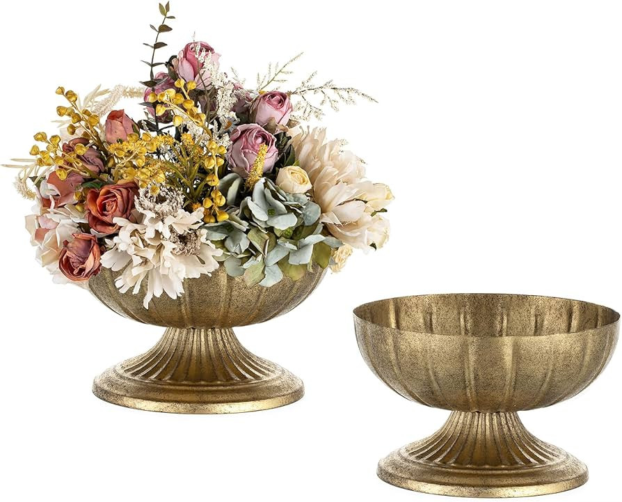NUPTIO Gold Compote Vase for Centerpiece: 8.5" Wide Short Pedestal Footed Bowl for Flowers - Dist... | Amazon (US)