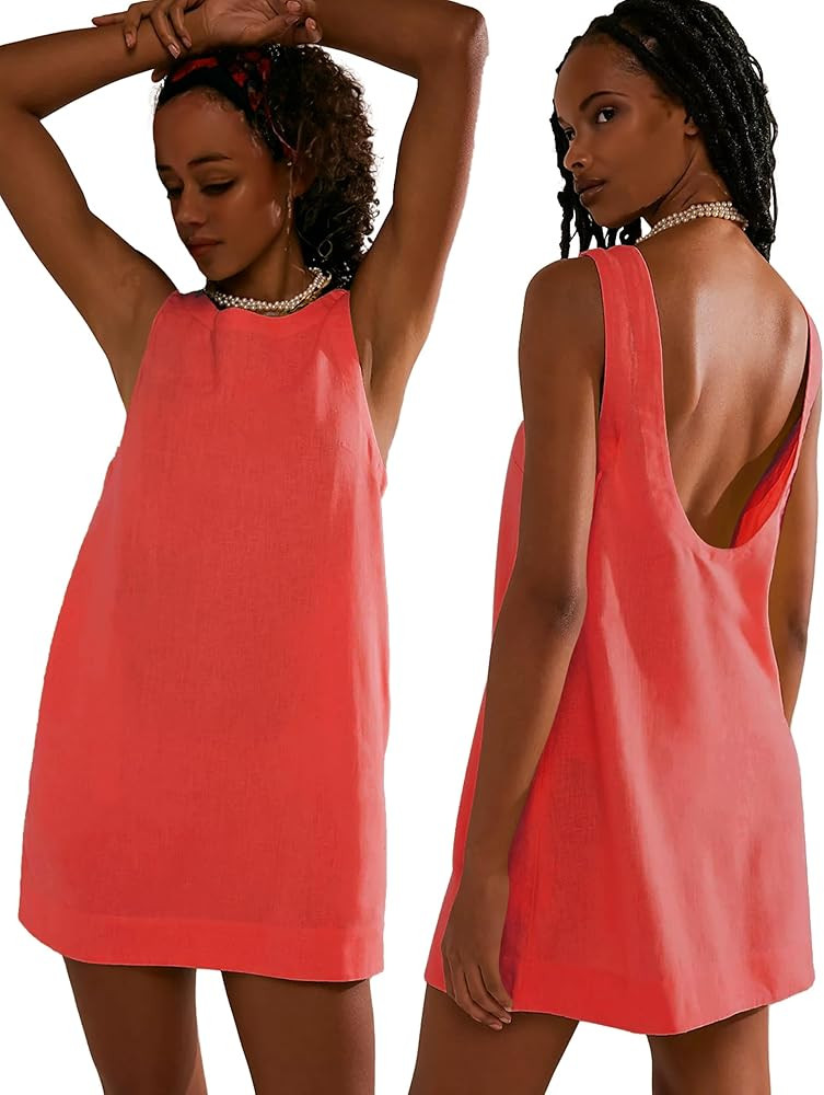 VIUTIL Womens Summer Linen Mini Dress Boat Neck Low Back Sleeveless Tank Dresses with Pockets 202... | Amazon (US)