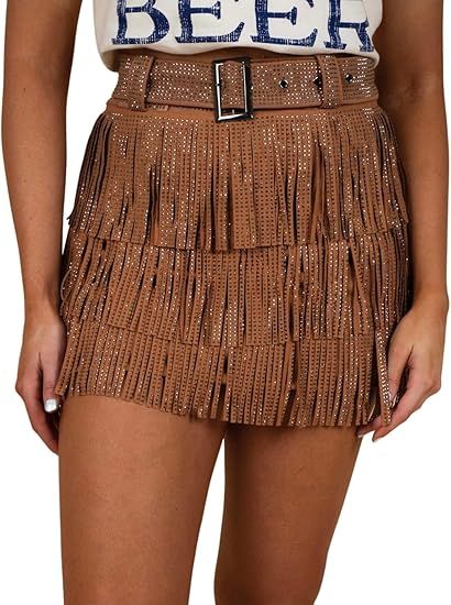 ChiyeeKiss Womens Sparkle Rhinestone Fringe Skirt Elastic Waistband Short Mini Dress with Adjusta... | Amazon (US)