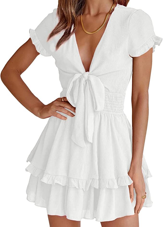 PRETTYGARDEN Women's Summer Swing Mini Dress Tie Front V Neck Short Sleeve Ruffle Layer A-Line Sh... | Amazon (US)