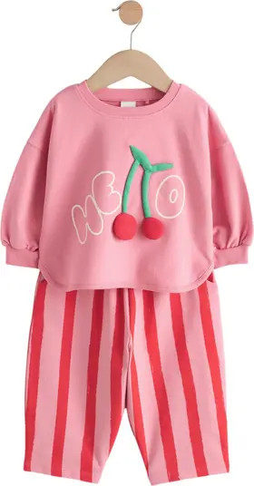 NEXT KIds' Hello Cherry Appliqué Cotton Sweatshirt & Stripe Sweatpants Set | Nordstrom | Nordstrom
