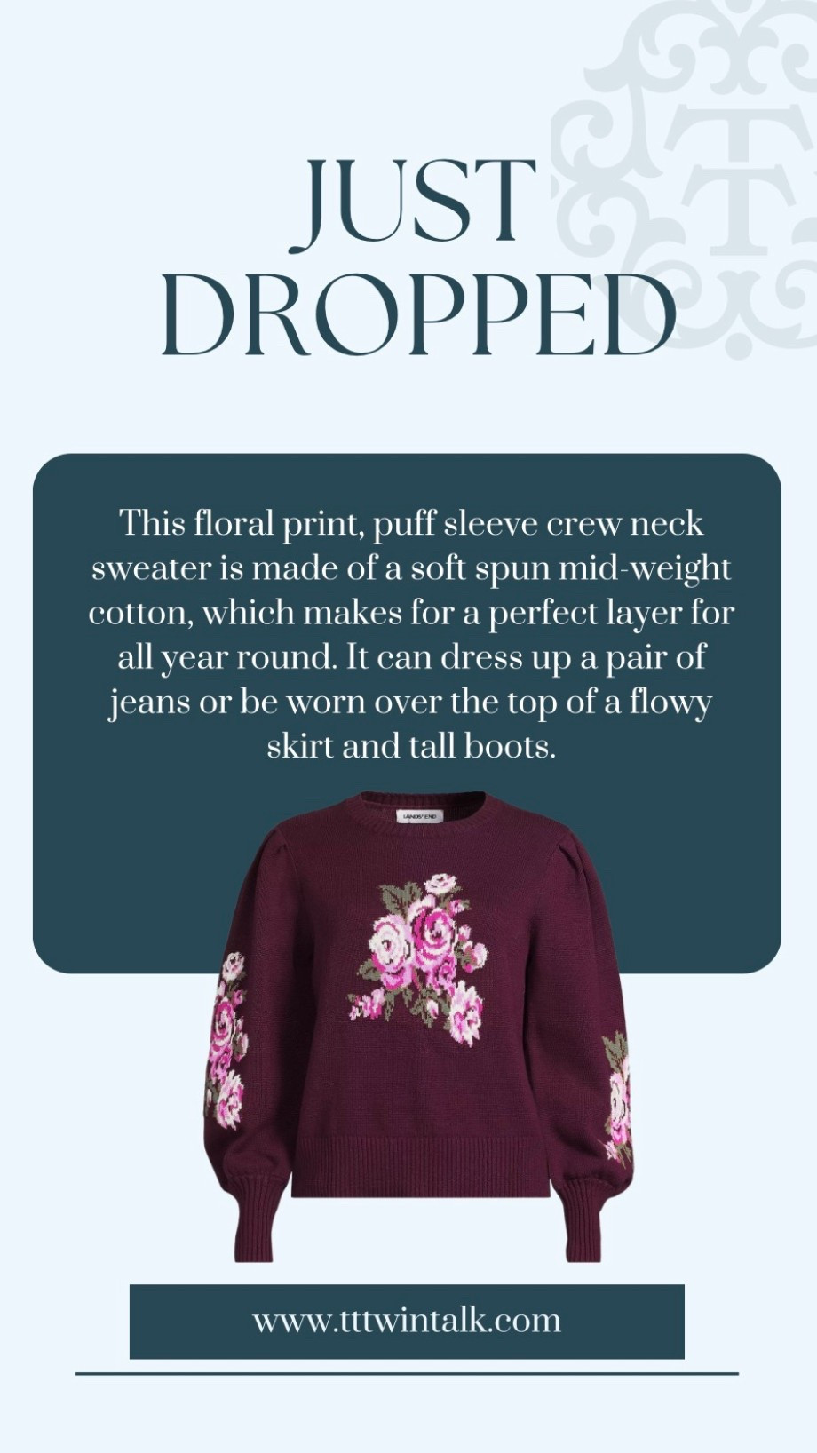 Elevate your wardrobe with this enchanting floral puff sleeve knit sweater. Crafted from soft spun cotton, this mid weight knit offers a cozy yet breathable feel, making it ideal for transitional weather or layering. The floral design adds a touch of whimsy to everyday! 

#LTKFindsUnder100 #LTKOver40 #LTKdayinmylife