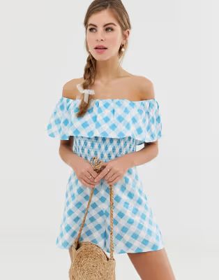 ASOS DESIGN off shoulder ruffle playsuit with shirring in gingham print | ASOS UK