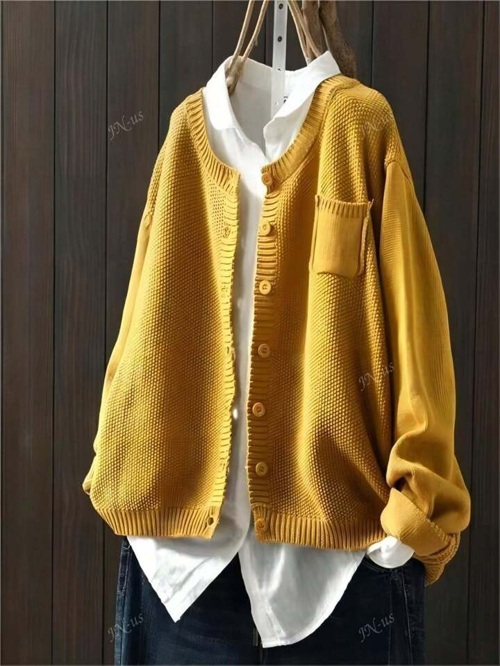 Plus Size Solid Color Front Button Pocket Casual Crew Neck Long Sleeve Cardigan | SHEIN