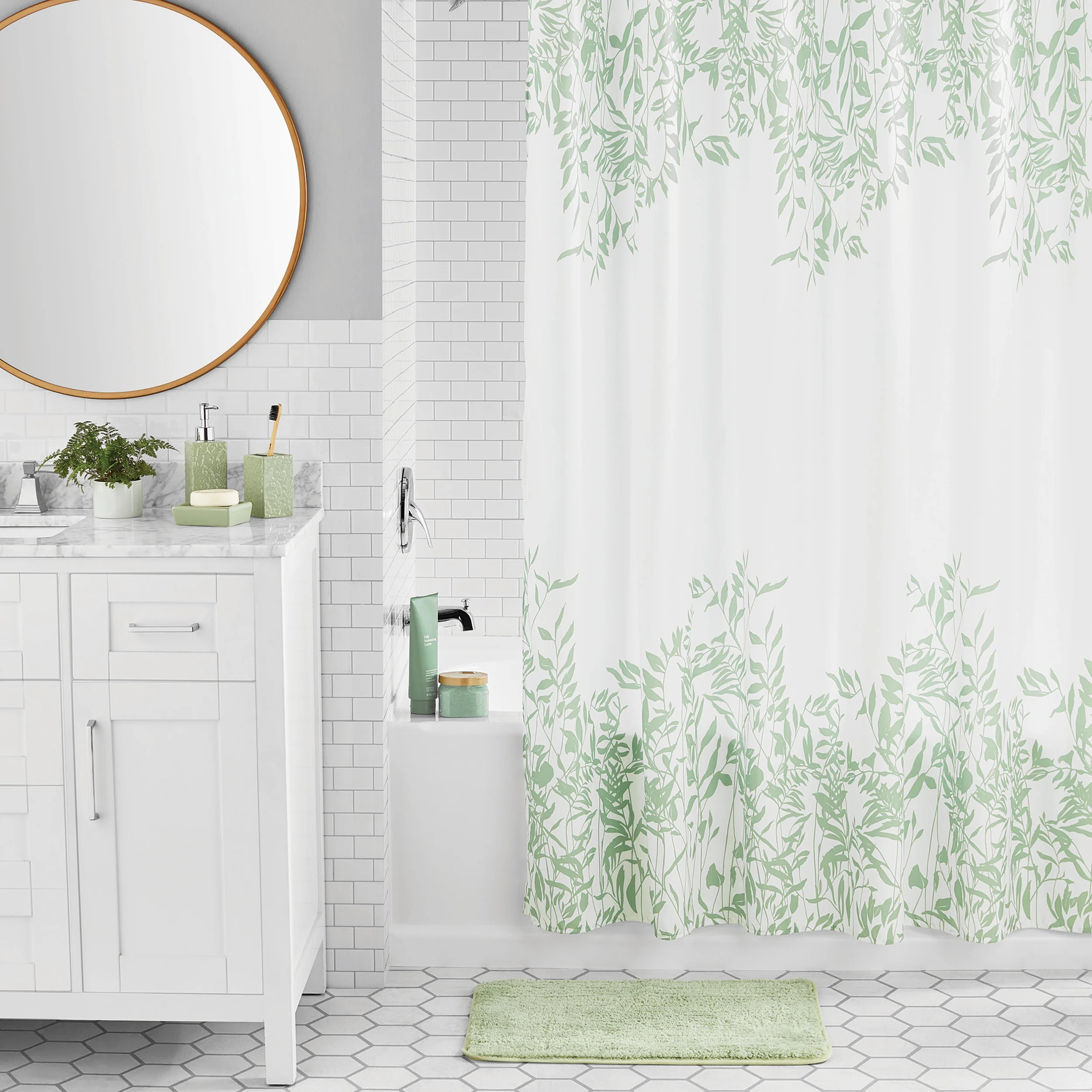 Mainstays 17-Piece Floral Polyester/Ceramic Shower Curtain & Bathroom Accessory Set, Green & Whit... | Walmart (US)
