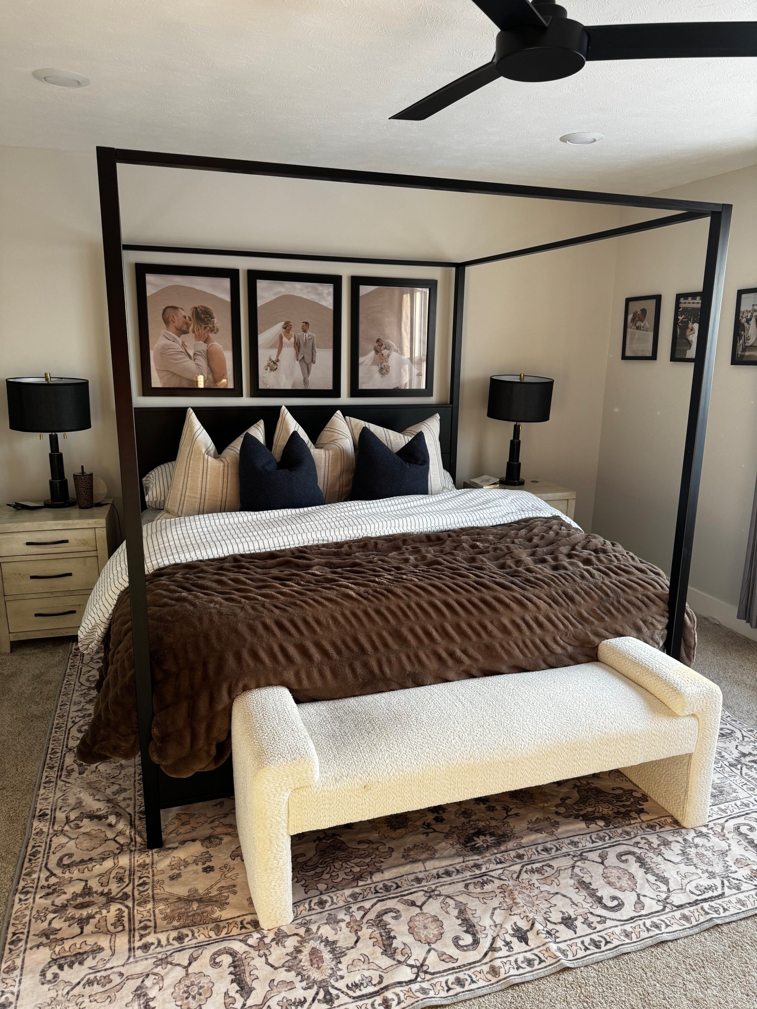 New bedding 
For fluffy comforter we do 2 down inserts of king 🤍 the large pillows are size 26x26 the smaller ones are 22x22