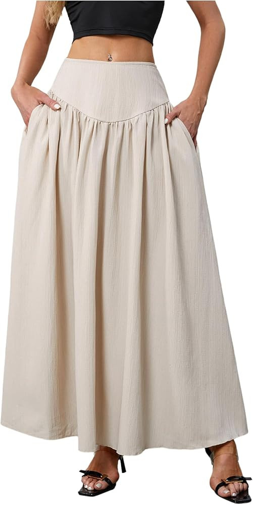 Milumia Women's Pleated Flowy Long Skirts High Waist Maxi Skirt with Pocket | Amazon (US)