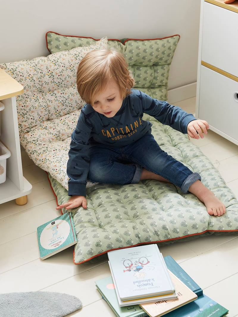 Dual Fabric Floor Cushion, PALMETTES - green | Vertbaudet (UK)
