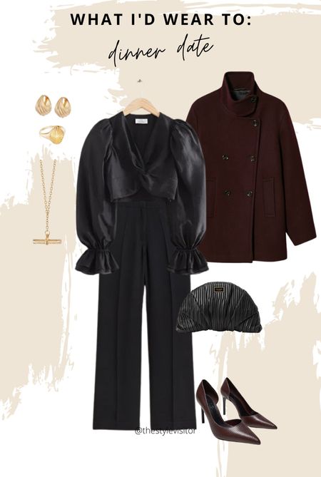 Date night outfit with a few new arrivals. I’m really fond of mixing this dark bordeaux color with black, it adds so much more depth to the outfit and it’s easy to combine so better cost per wear. The coat is my number one selling item from last week and for good reason. Read the size guide/size reviews to pick the right size.

Leave a 🖤 if you want to see more date night outfits like this

#date #night #outfit #black #blouse #top #bordeaux #coat #jacket #trousers #clutch #pumps 

#LTKstyletip #LTKSeasonal #LTKeurope