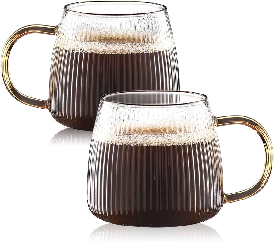 Luxtea Vintage Glass Coffee Mugs Set of 2 Ribbed Drinking Glasses Clear Tea Cups Borosilicate Gla... | Amazon (US)