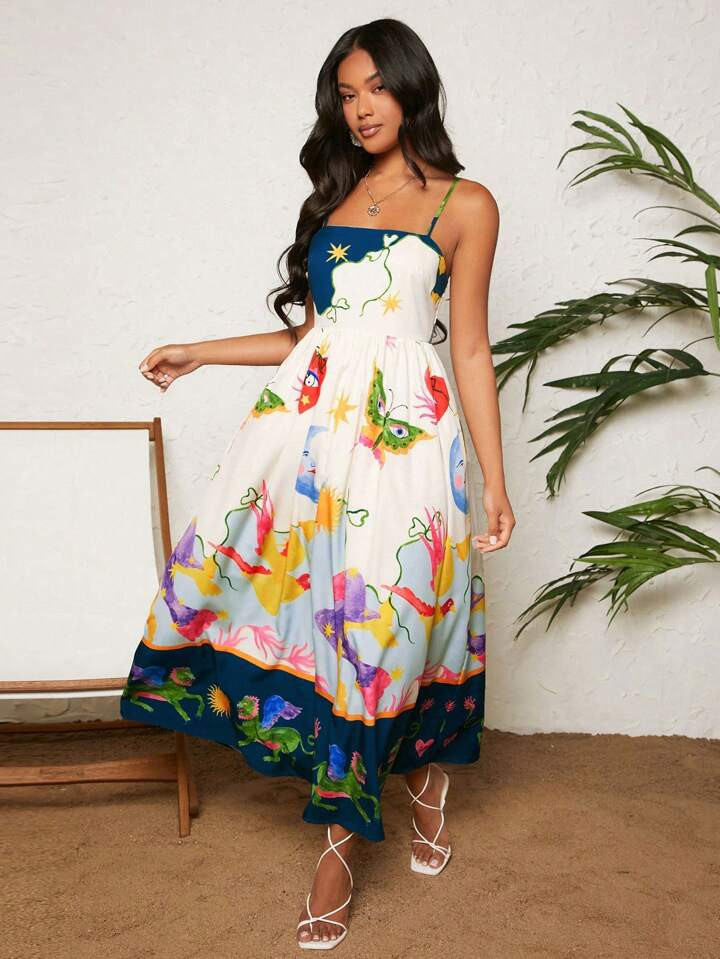 SHEIN TRVLCHIC Women's Spaghetti Strap Sleeveless Dress With Vacation-Inspired Print Design | SHEIN