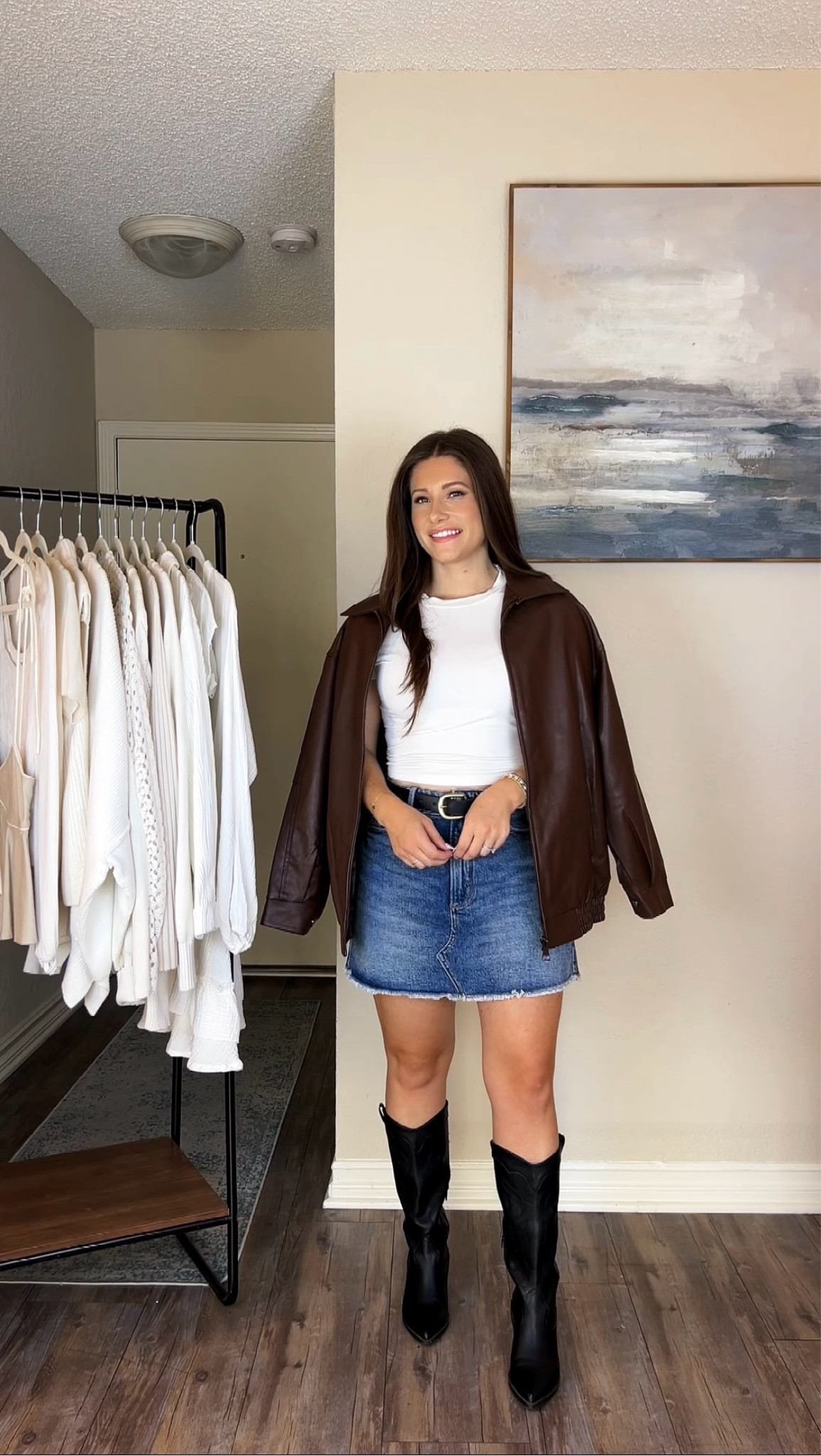 Fall Outfit 🤎 oversized leather jacket wearing size Small, Denim mini skirt size 4, Size Small Baby tee 

#LTKSeasonal #LTKFindsUnder100 #LTKStyleTip
