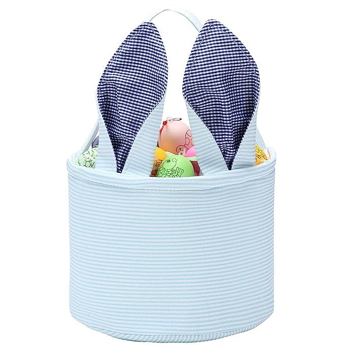Easter Basket Seersucker Egg Hunt Bunny Baskets for Kids with Cute Rabbit Ears Stripe Storage Gif... | Amazon (US)