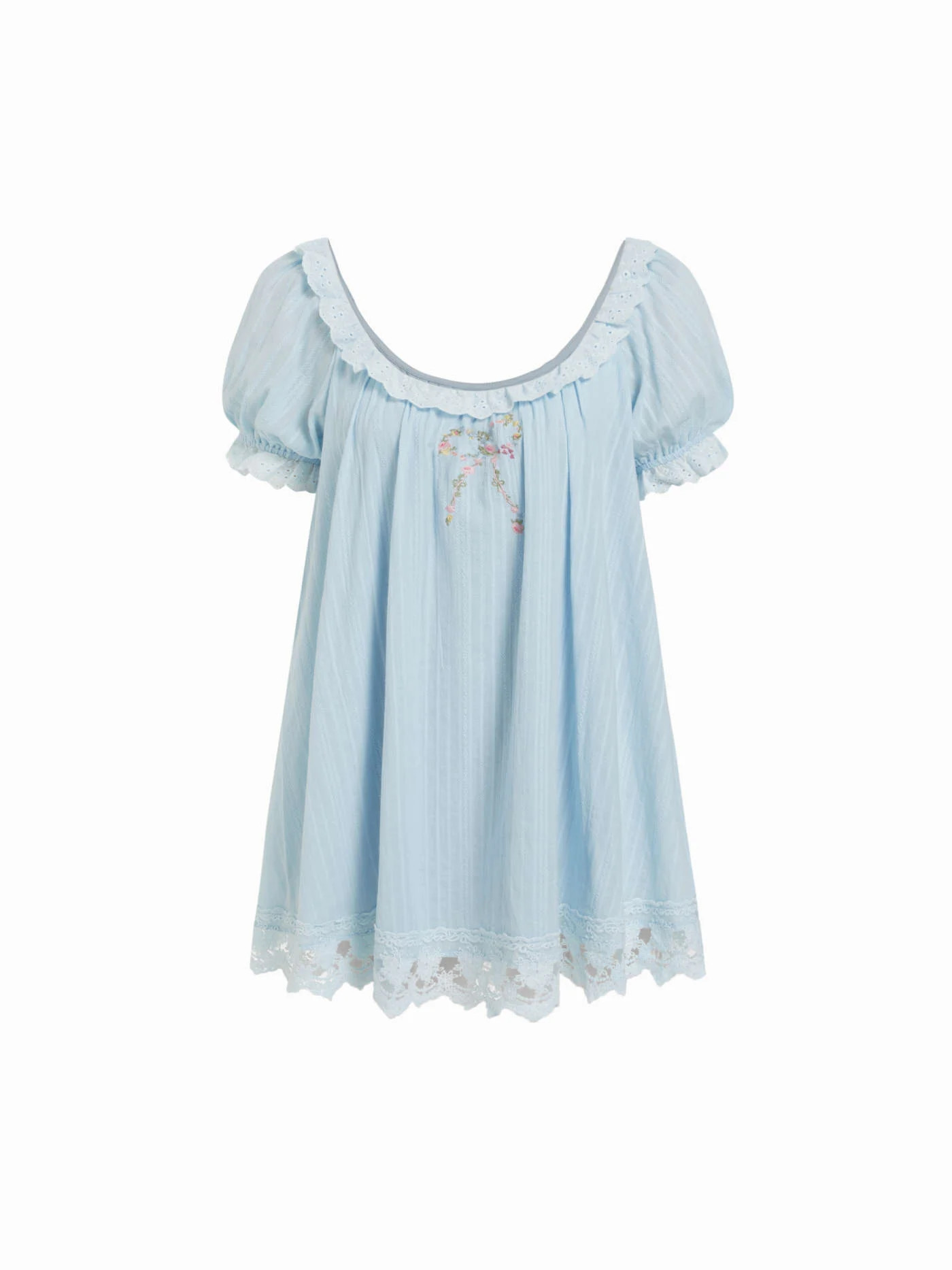 Cotton-blend Floral Graphic Scoop Neck Puff Sleeve Lace Babydoll Mini Dress | Cider