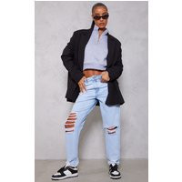 PRETTYLITTLETHING Light Blue Wash Extreme Rip Hem Knee Rip Mom Jeans | PrettyLittleThing UK