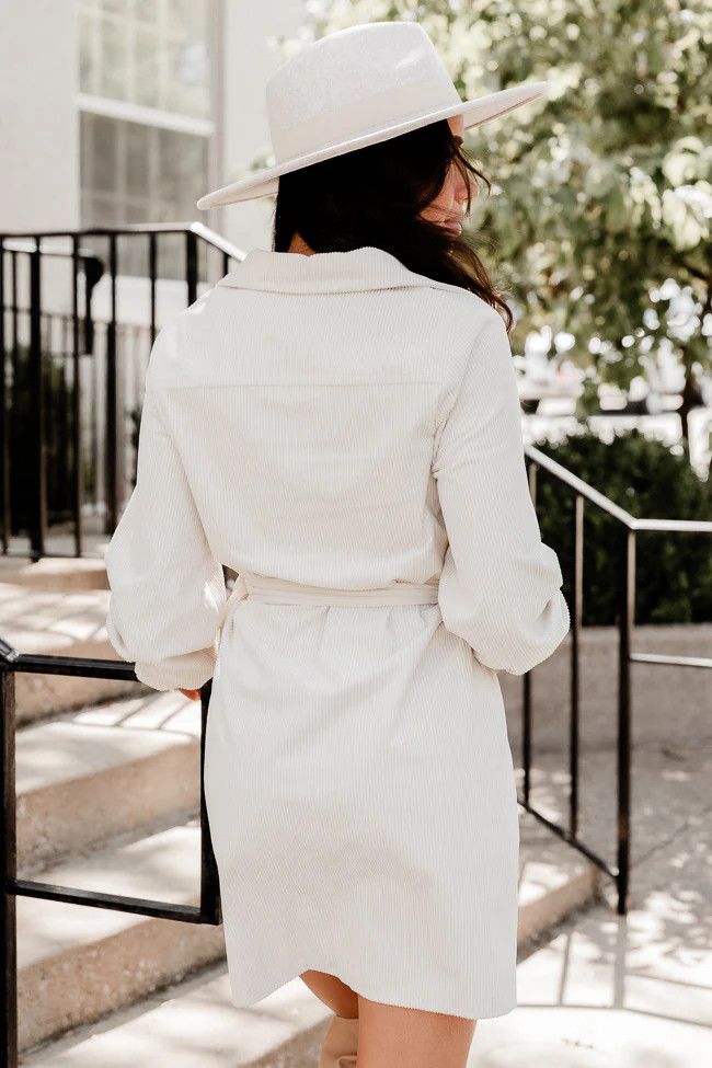 No Expectations Cream Corded Long Sleeve Belted Mini Dress | Pink Lily