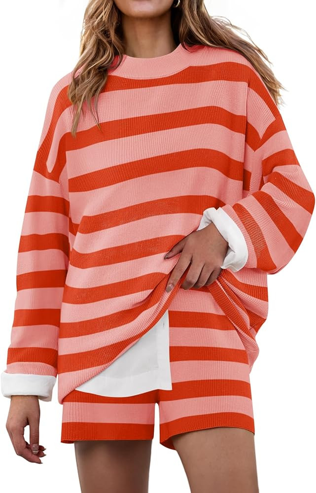 ZESICA Striped Lounge Sets for Women 2 Piece Oversized Outfits Long Sleeve Tops and Shorts Sweate... | Amazon (US)